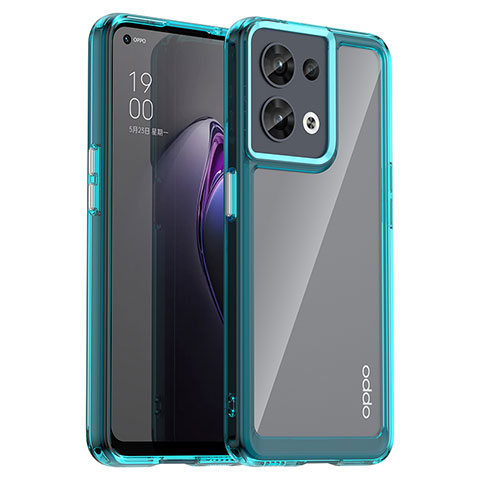 Coque Rebord Contour Silicone et Vitre Transparente Housse Etui J01S pour Oppo Reno9 Pro 5G Cyan