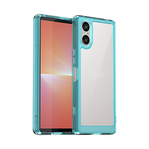 Coque Rebord Contour Silicone et Vitre Transparente Housse Etui J01S pour Sony Xperia 5 V Cyan