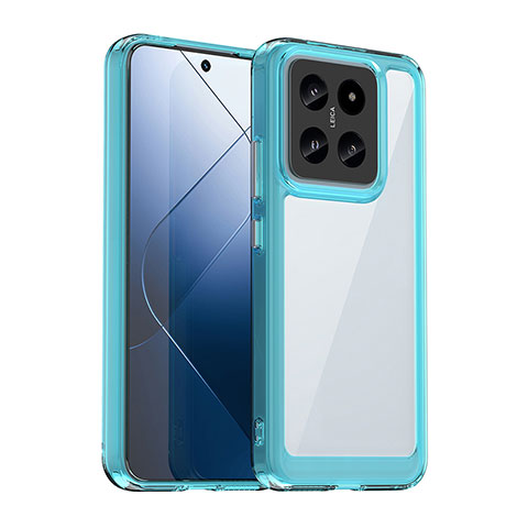 Coque Rebord Contour Silicone et Vitre Transparente Housse Etui J01S pour Xiaomi Mi 14 5G Cyan