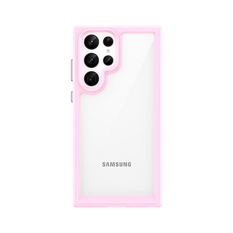 Coque Rebord Contour Silicone et Vitre Transparente Housse Etui M03 pour Samsung Galaxy S22 Ultra 5G Rose
