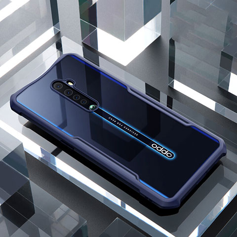 Coque Rebord Contour Silicone et Vitre Transparente Miroir Housse Etui pour Oppo Reno2 Bleu