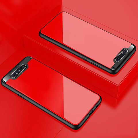 Coque Rebord Contour Silicone et Vitre Transparente Miroir Housse Etui pour Samsung Galaxy A80 Rouge