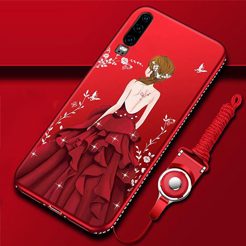 Coque Silicone Dos de Fille Souple Couleur Unie Etui Housse K01 pour Huawei P30 Rouge