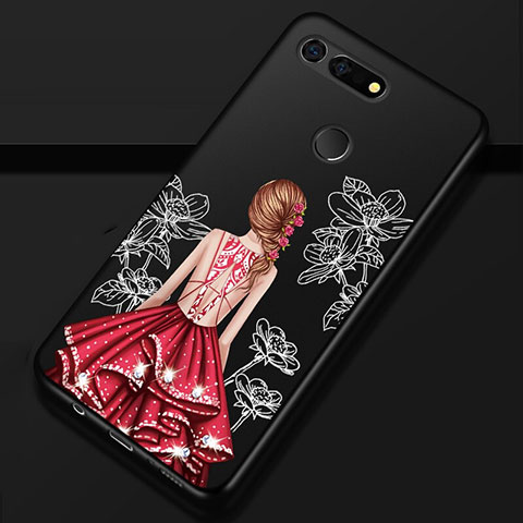 Coque Silicone Dos de Fille Souple Couleur Unie Etui Housse K02 pour Huawei Honor V20 Rouge et Noir