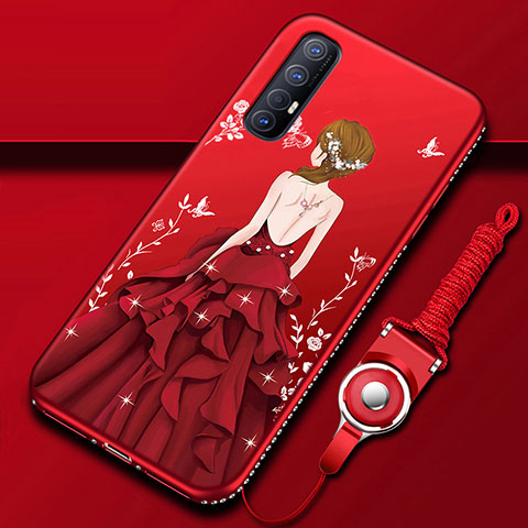 Coque Silicone Dos de Fille Souple Couleur Unie Etui Housse pour Oppo Reno3 Pro Rouge