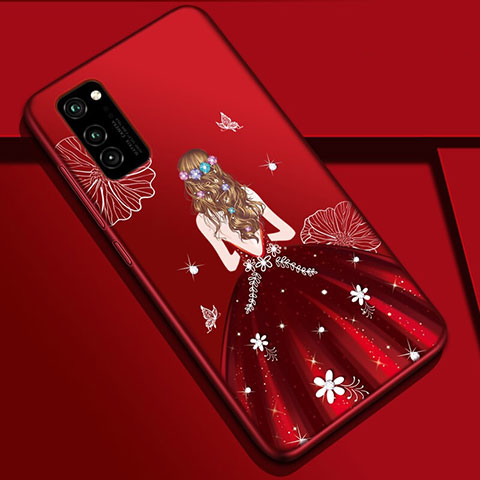 Coque Silicone Dos de Fille Souple Couleur Unie Etui Housse S01 pour Huawei Honor V30 Pro 5G Vin Rouge