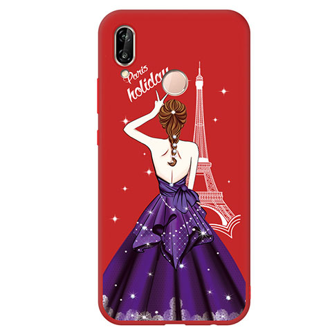 Coque Silicone Dos de Fille Souple Couleur Unie Housse Etui S02 pour Huawei Nova 3e Rouge