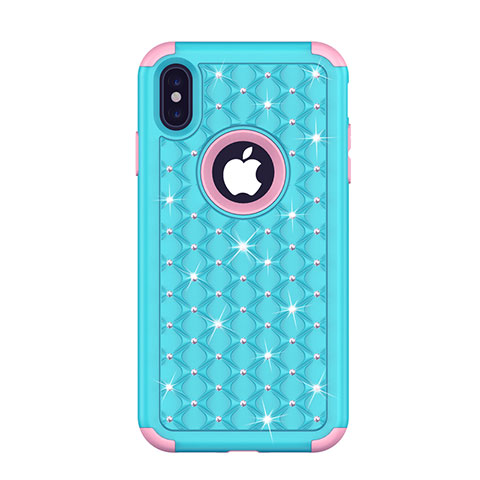 Coque Silicone et Plastique Housse Etui Protection Integrale 360 Degres Bling-Bling pour Apple iPhone Xs Bleu