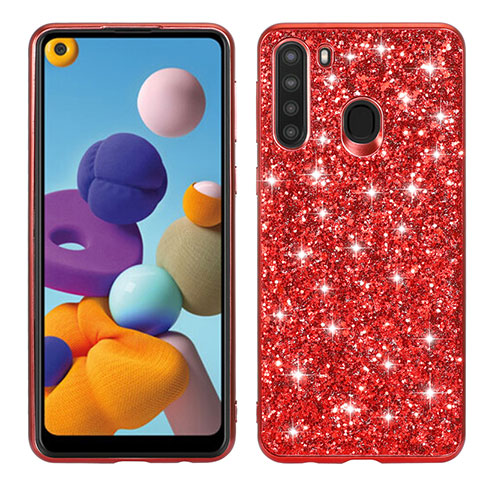 Coque Silicone et Plastique Housse Etui Protection Integrale 360 Degres Bling-Bling pour Samsung Galaxy A21 Rouge