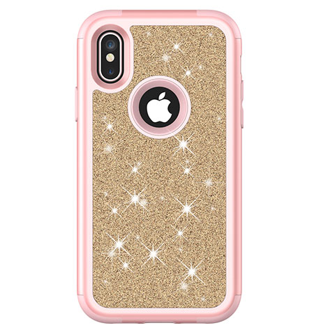 Coque Silicone et Plastique Housse Etui Protection Integrale 360 Degres Bling-Bling U01 pour Apple iPhone X Rose