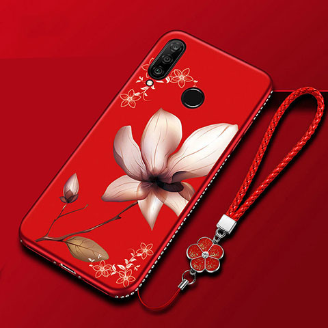 Coque Silicone Fleurs Souple Couleur Unie Etui Housse pour Huawei P Smart+ Plus (2019) Rouge