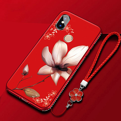 Coque Silicone Fleurs Souple Couleur Unie Etui Housse pour Xiaomi Redmi 6 Pro Rouge