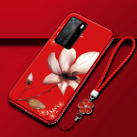 Coque Silicone Fleurs Souple Couleur Unie Etui Housse S01 pour Huawei P40 Pro Vin Rouge