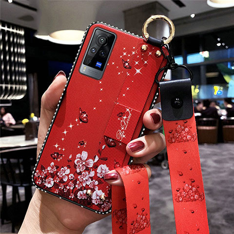 Coque Silicone Fleurs Souple Couleur Unie Etui Housse S02 pour Vivo X60 Pro 5G Rouge