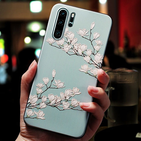 Coque Silicone Fleurs Souple Couleur Unie pour Huawei P30 Pro Cyan