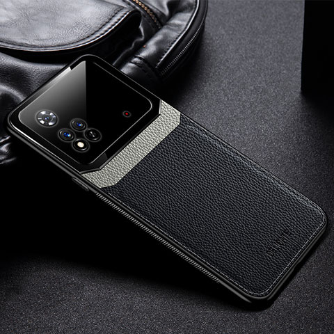 Coque Silicone Gel Motif Cuir Housse Etui avec Magnetique FL1 pour Xiaomi Poco M4 Pro 4G Noir