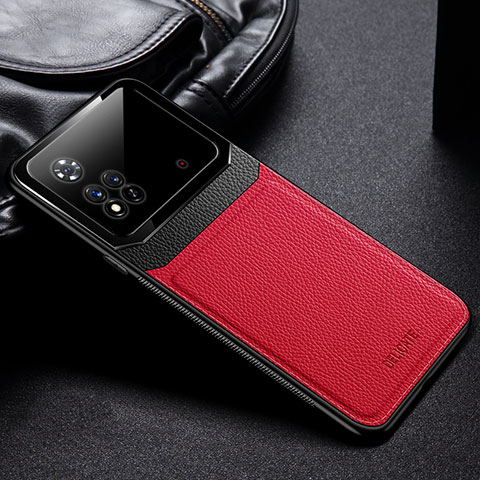 Coque Silicone Gel Motif Cuir Housse Etui avec Magnetique FL1 pour Xiaomi Poco M4 Pro 4G Rouge