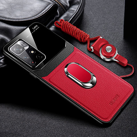 Coque Silicone Gel Motif Cuir Housse Etui avec Magnetique FL2 pour Xiaomi Redmi Note 11 5G Rouge