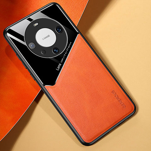 Coque Silicone Gel Motif Cuir Housse Etui avec Magnetique pour Huawei Mate 60 Pro Orange