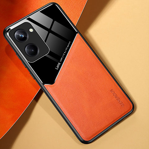 Coque Silicone Gel Motif Cuir Housse Etui avec Magnetique pour Realme 10 Pro 5G Orange