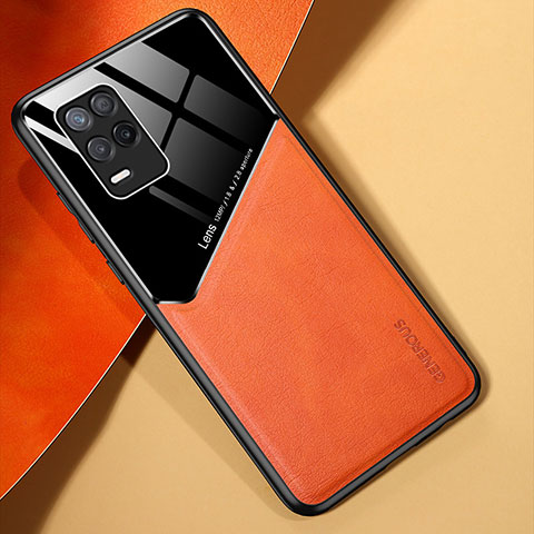 Coque Silicone Gel Motif Cuir Housse Etui avec Magnetique pour Realme 9 5G India Orange