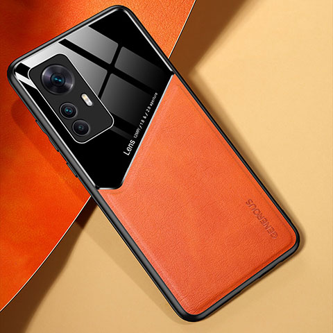 Coque Silicone Gel Motif Cuir Housse Etui avec Magnetique pour Xiaomi Mi 12T 5G Orange