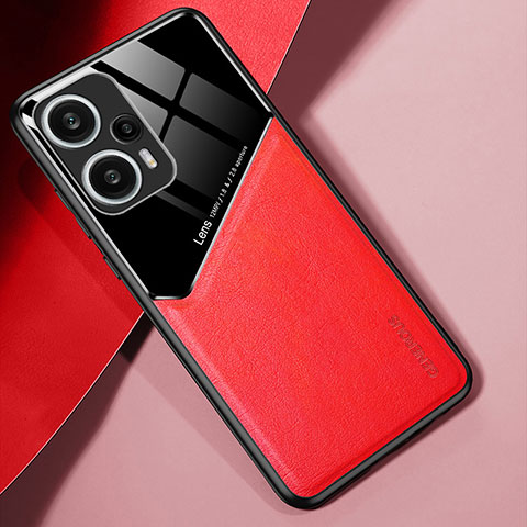 Coque Silicone Gel Motif Cuir Housse Etui avec Magnetique pour Xiaomi Redmi Note 12 Turbo 5G Rouge