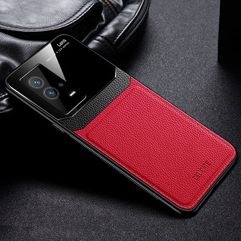 Coque Silicone Gel Motif Cuir Housse Etui avec Magnetique S01 pour Vivo iQOO 8 5G Rouge