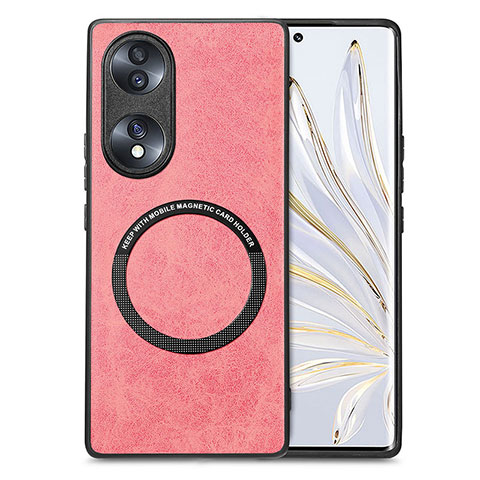 Coque Silicone Gel Motif Cuir Housse Etui avec Magnetique S01D pour Huawei Honor 70 5G Rose Rouge