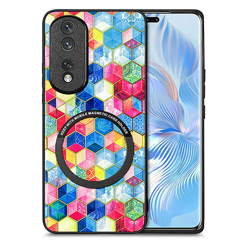 Coque Silicone Gel Motif Cuir Housse Etui avec Magnetique S01D pour Huawei Honor 80 Pro 5G Vin Rouge