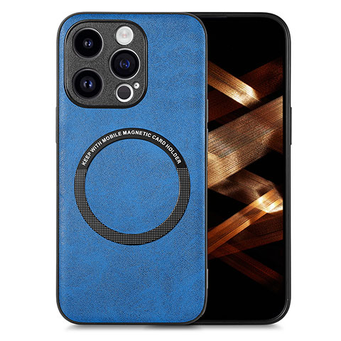 Coque Silicone Gel Motif Cuir Housse Etui avec Magnetique S02D pour Apple iPhone 15 Pro Bleu