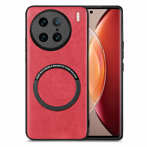 Coque Silicone Gel Motif Cuir Housse Etui avec Magnetique S02D pour Vivo X90 Pro 5G Rouge