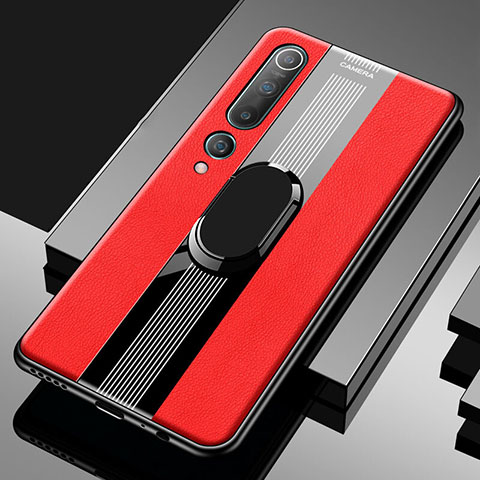 Coque Silicone Gel Motif Cuir Housse Etui avec Support Bague Anneau Aimante Magnetique A01 pour Xiaomi Mi 10 Rouge