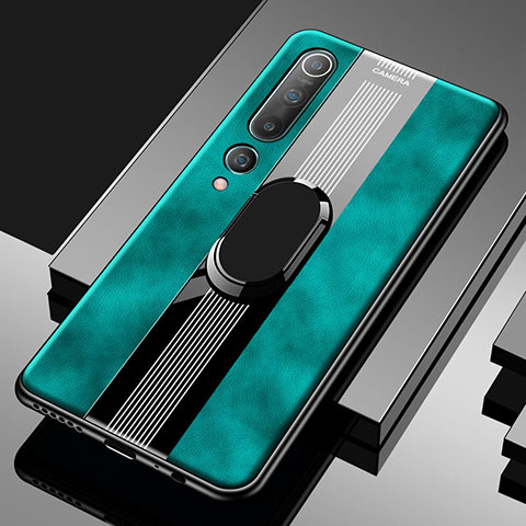 Coque Silicone Gel Motif Cuir Housse Etui avec Support Bague Anneau Aimante Magnetique A01 pour Xiaomi Mi 10 Vert