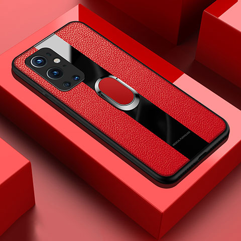 Coque Silicone Gel Motif Cuir Housse Etui avec Support Bague Anneau Aimante Magnetique PB1 pour OnePlus 9 Pro 5G Rouge