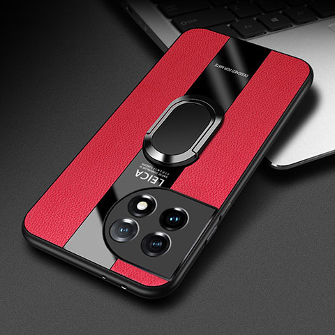 Coque Silicone Gel Motif Cuir Housse Etui avec Support Bague Anneau Aimante Magnetique PB1 pour OnePlus Ace 2 5G Rouge