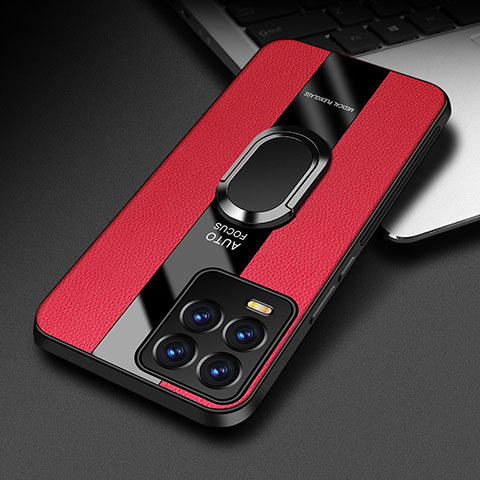 Coque Silicone Gel Motif Cuir Housse Etui avec Support Bague Anneau Aimante Magnetique PB1 pour Realme 8 Pro Rouge