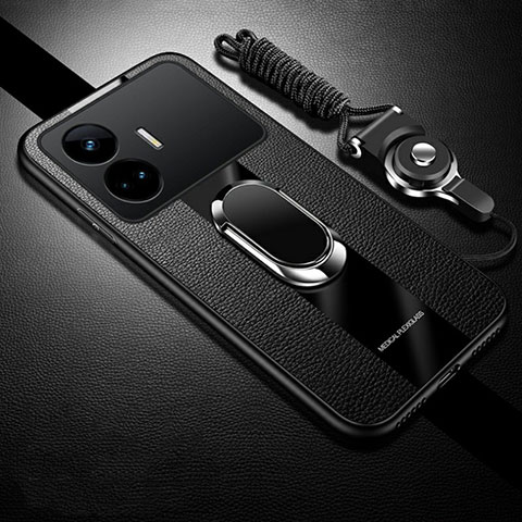 Coque Silicone Gel Motif Cuir Housse Etui avec Support Bague Anneau Aimante Magnetique PB1 pour Realme GT Neo5 SE 5G Noir