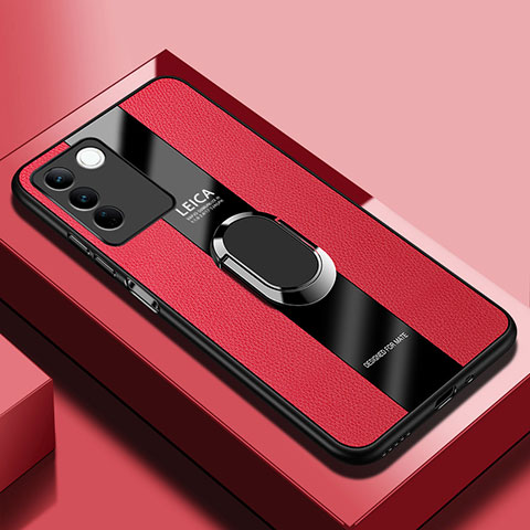 Coque Silicone Gel Motif Cuir Housse Etui avec Support Bague Anneau Aimante Magnetique PB1 pour Vivo V27 Pro 5G Rouge