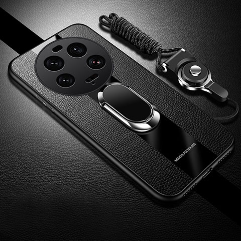 Coque Silicone Gel Motif Cuir Housse Etui avec Support Bague Anneau Aimante Magnetique PB1 pour Xiaomi Mi 13 Ultra 5G Noir