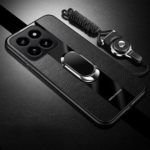 Coque Silicone Gel Motif Cuir Housse Etui avec Support Bague Anneau Aimante Magnetique PB1 pour Xiaomi Mi 14 5G Noir