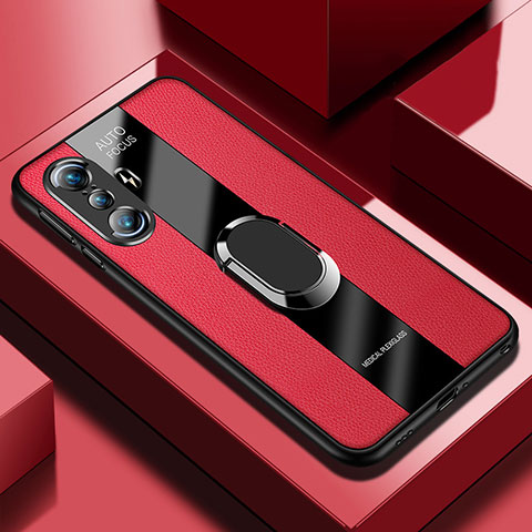 Coque Silicone Gel Motif Cuir Housse Etui avec Support Bague Anneau Aimante Magnetique PB1 pour Xiaomi Poco F3 GT 5G Rouge