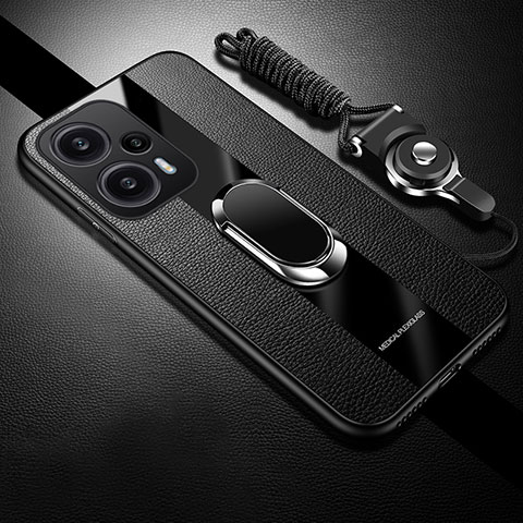 Coque Silicone Gel Motif Cuir Housse Etui avec Support Bague Anneau Aimante Magnetique PB1 pour Xiaomi Poco F5 5G Noir