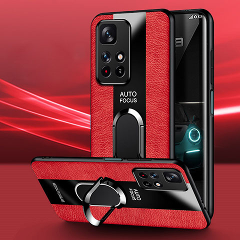 Coque Silicone Gel Motif Cuir Housse Etui avec Support Bague Anneau Aimante Magnetique PB1 pour Xiaomi Poco M4 Pro 5G Rouge