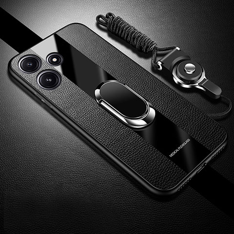 Coque Silicone Gel Motif Cuir Housse Etui avec Support Bague Anneau Aimante Magnetique PB1 pour Xiaomi Poco M6 Pro 5G Noir