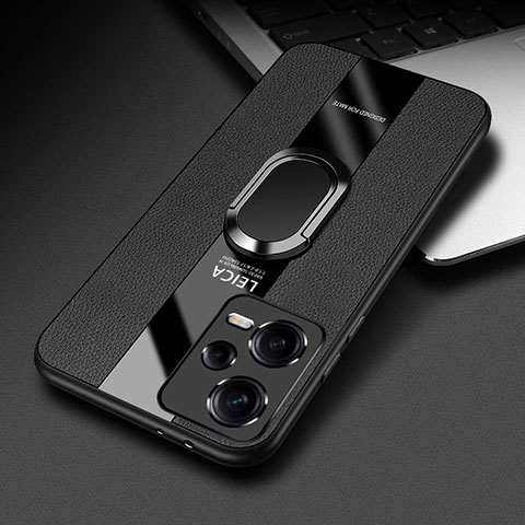 Coque Silicone Gel Motif Cuir Housse Etui avec Support Bague Anneau Aimante Magnetique PB1 pour Xiaomi Poco X5 5G Noir