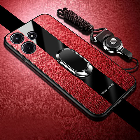 Coque Silicone Gel Motif Cuir Housse Etui avec Support Bague Anneau Aimante Magnetique PB1 pour Xiaomi Redmi 12 5G Rouge