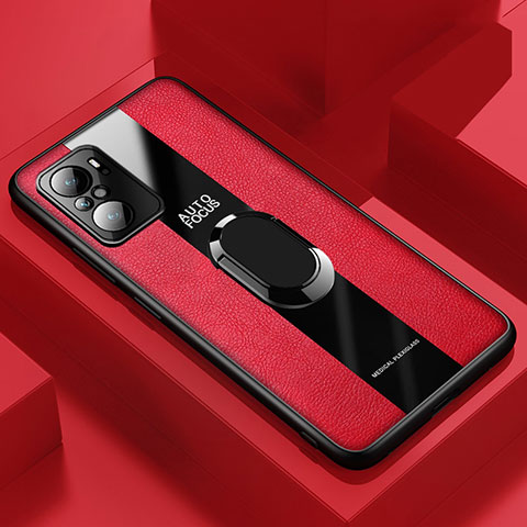 Coque Silicone Gel Motif Cuir Housse Etui avec Support Bague Anneau Aimante Magnetique PB1 pour Xiaomi Redmi K40 5G Rouge