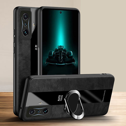 Coque Silicone Gel Motif Cuir Housse Etui avec Support Bague Anneau Aimante Magnetique PB1 pour Xiaomi Redmi K50 Gaming 5G Noir