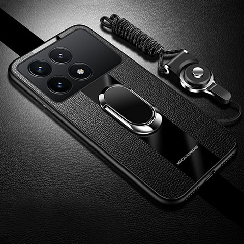 Coque Silicone Gel Motif Cuir Housse Etui avec Support Bague Anneau Aimante Magnetique PB1 pour Xiaomi Redmi K70E 5G Noir